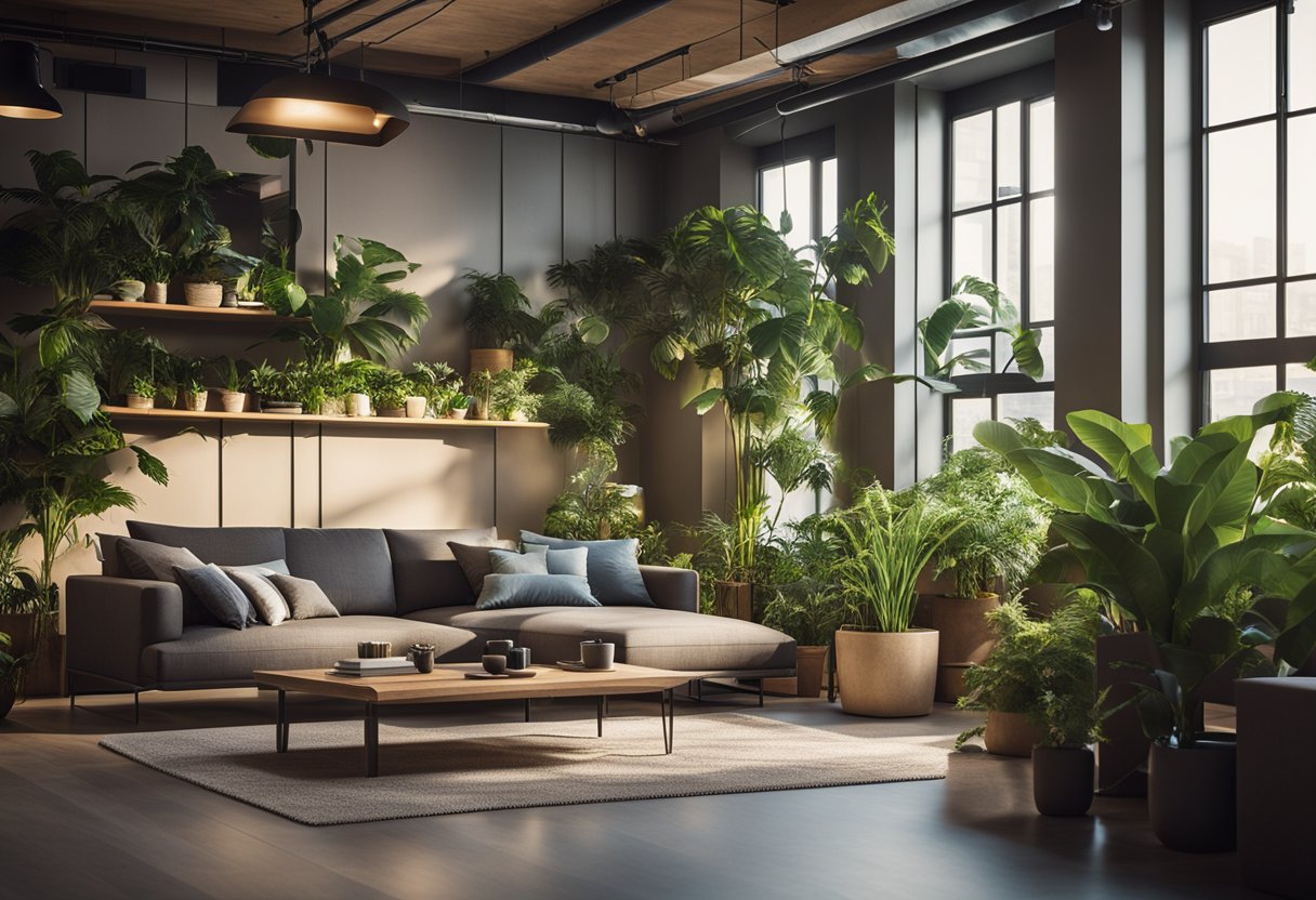 A room with energy-efficient lighting, recycled materials, and indoor plants, showcasing sustainable interior design principles