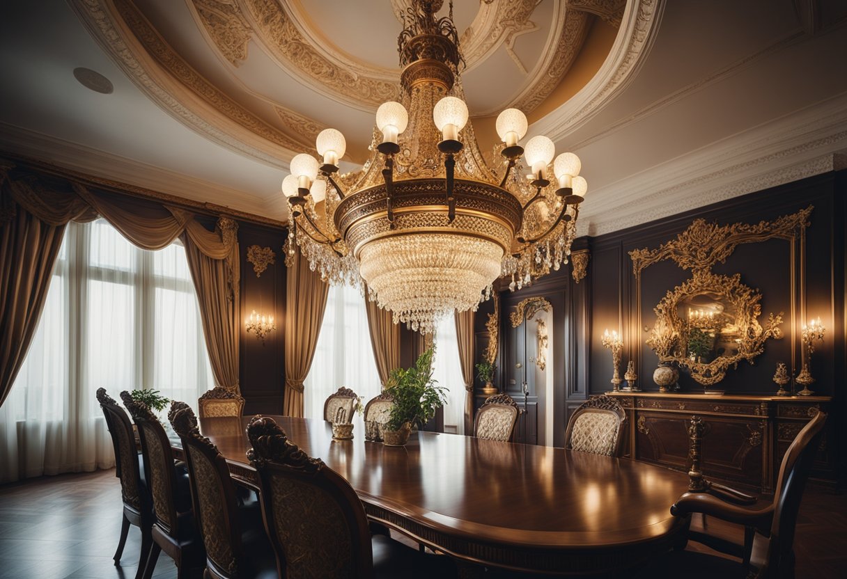 A grand chandelier illuminates a regal dining room with ornate furniture and intricate wood carvings, showcasing traditional European interior design