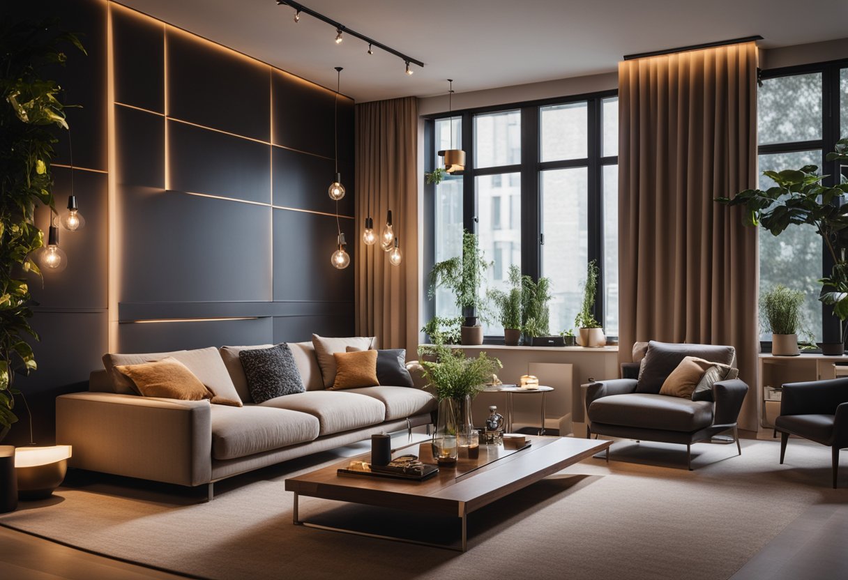 A cozy living room with modern furniture and warm lighting, showcasing a client-centric approach in Swiss interior design