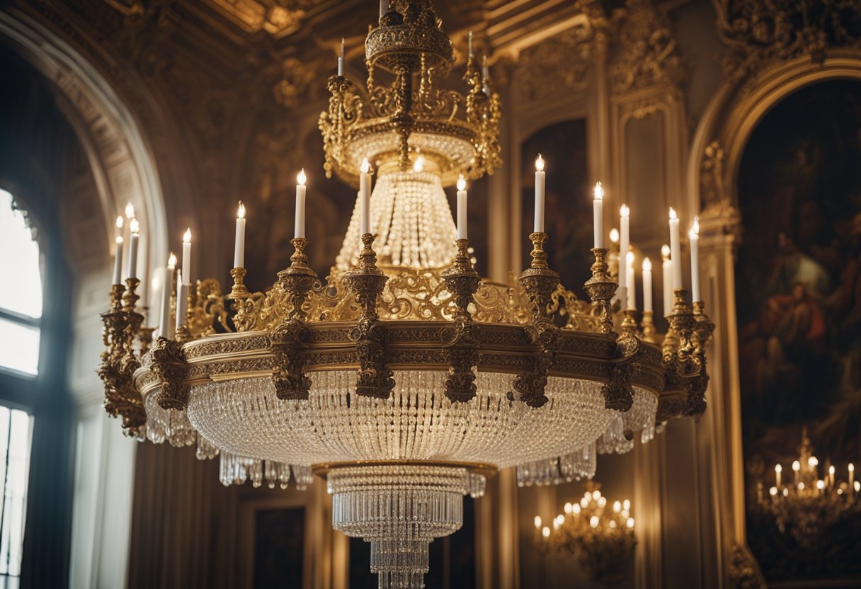 A grand chandelier illuminates a spacious room with ornate furniture, intricate moldings, and rich tapestries, evoking a cohesive European aesthetic