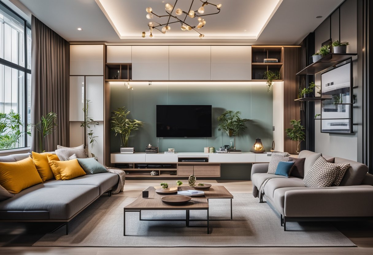 A modern HDB living room with sleek furniture, vibrant accent colors, and innovative space-saving solutions