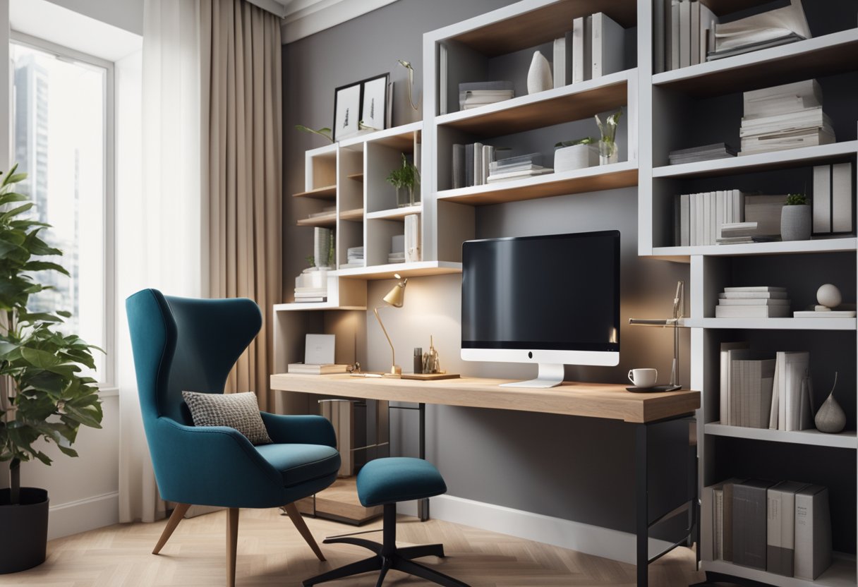An elegant interior with modern furniture and decor. A sleek desk with a computer, shelves of design books, and a cozy seating area