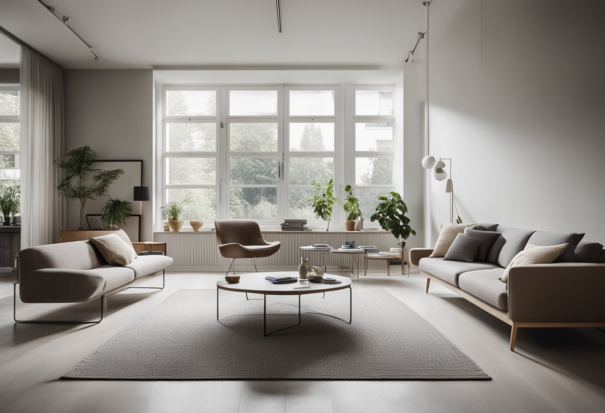 A modern Swiss interior with clean lines, neutral colors, and minimalist furniture arranged in a spacious and well-lit room