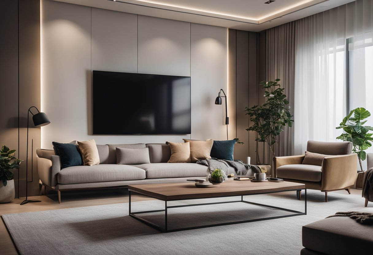 A modern living room with a sleek, minimalist design. A large, comfortable sofa sits in the center, surrounded by stylish decor and soft lighting. A wall-mounted TV and a chic coffee table complete the scene