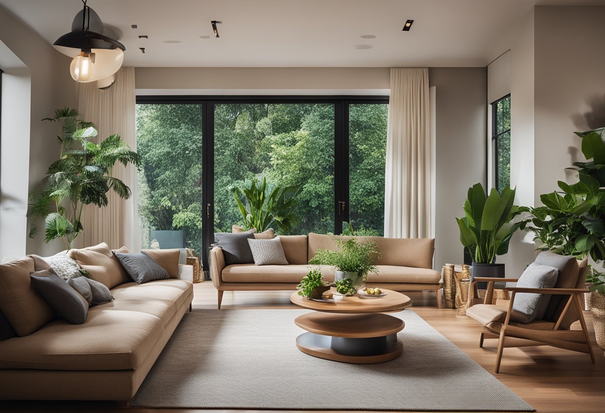 A modern living room with energy-efficient lighting, recycled materials, and indoor plants. A water-saving faucet and sustainable furniture complete the eco-friendly design