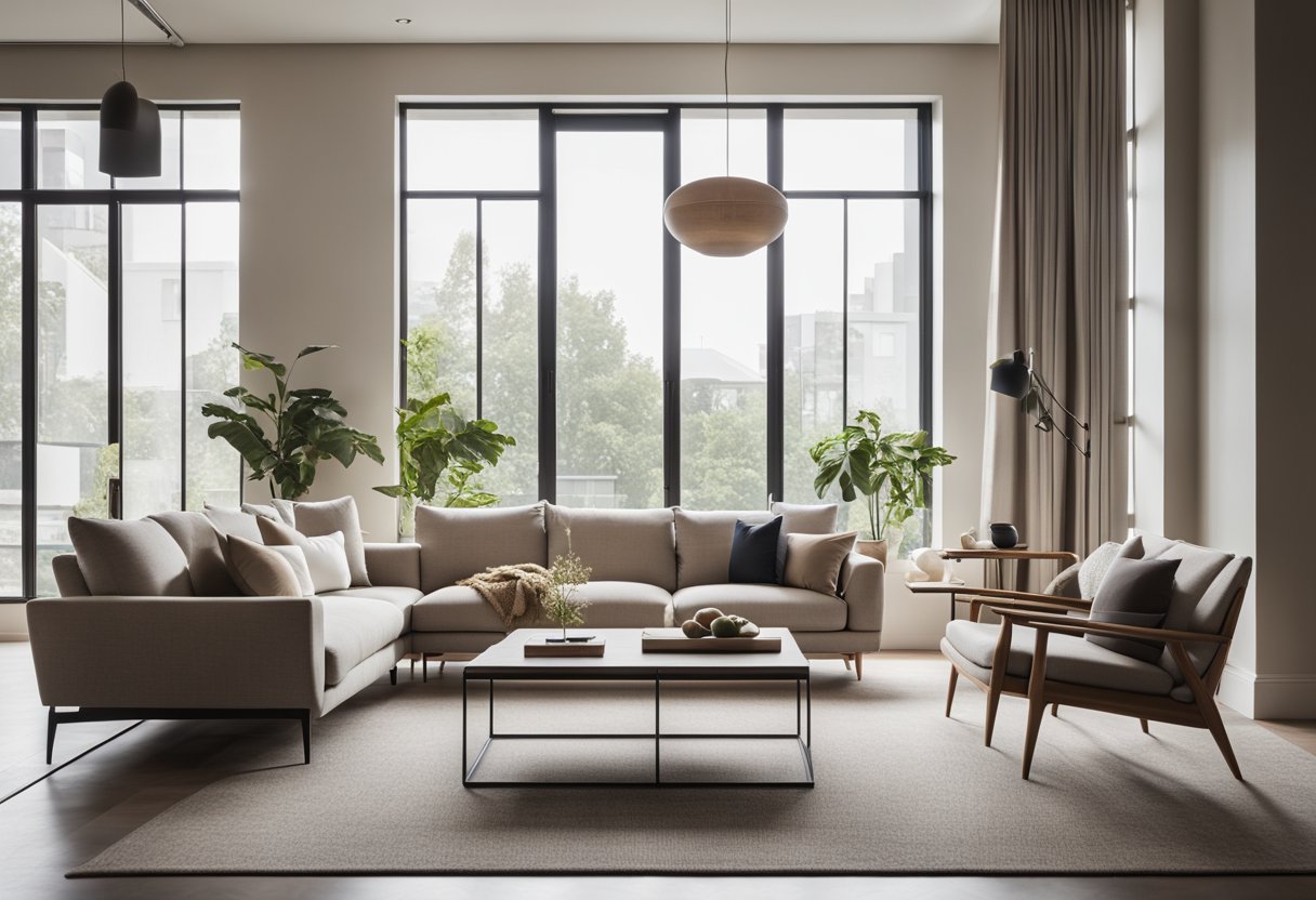 A modern living room with a minimalist design, featuring clean lines, neutral colors, and natural materials. A large window allows ample natural light to fill the space, while a cozy seating area and stylish decor complete the look
