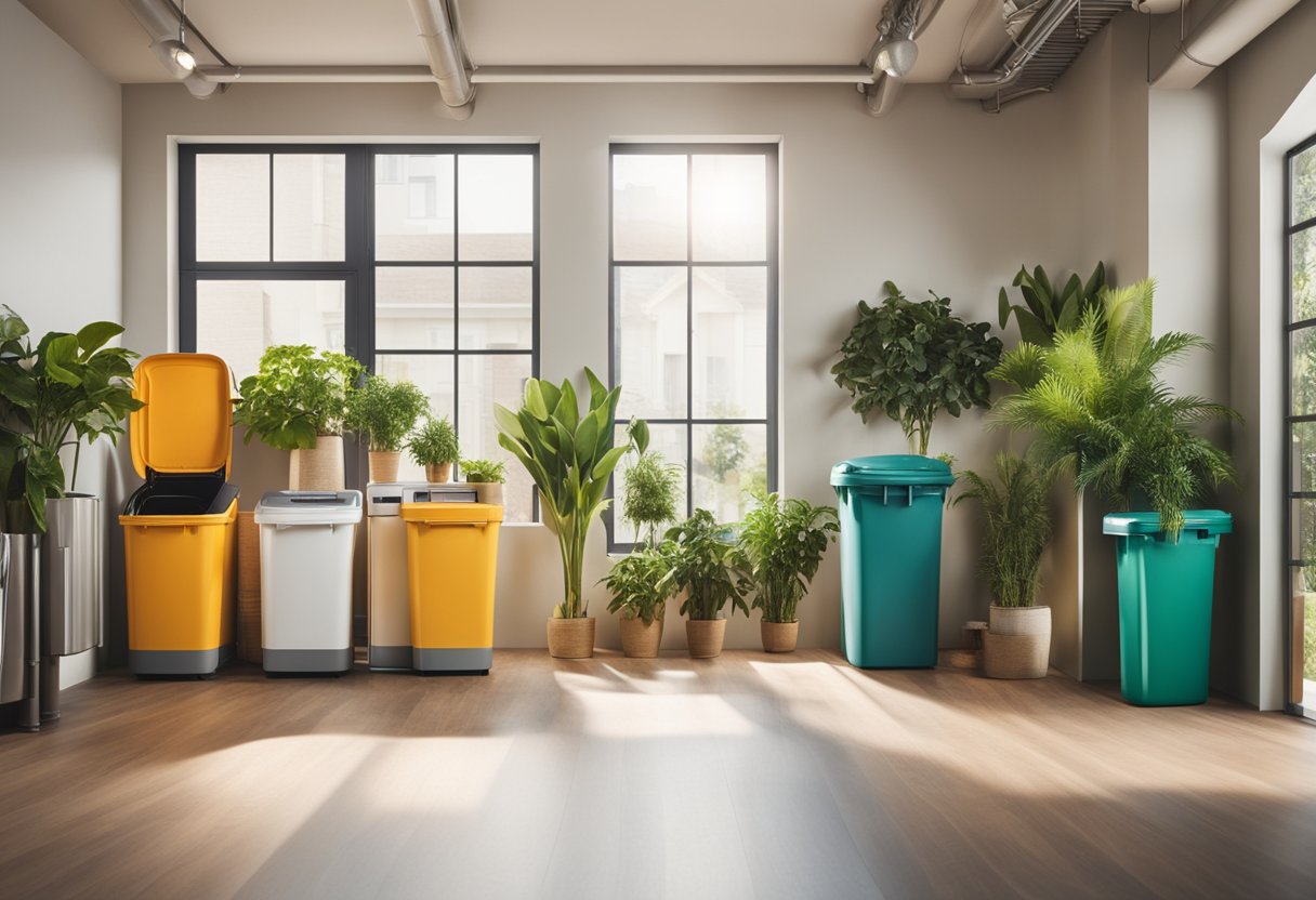 A room with eco-friendly materials, natural lighting, and indoor plants. Recycling bins and energy-efficient appliances are present