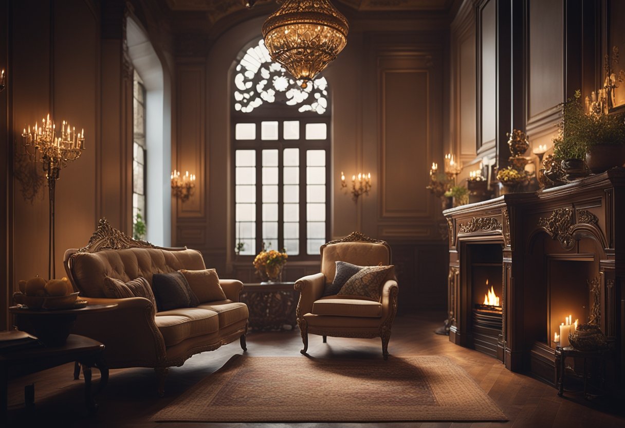 A cozy, traditional European interior with ornate furniture, intricate patterns, and warm, earthy tones. A fireplace crackles in the background, casting a soft glow over the room