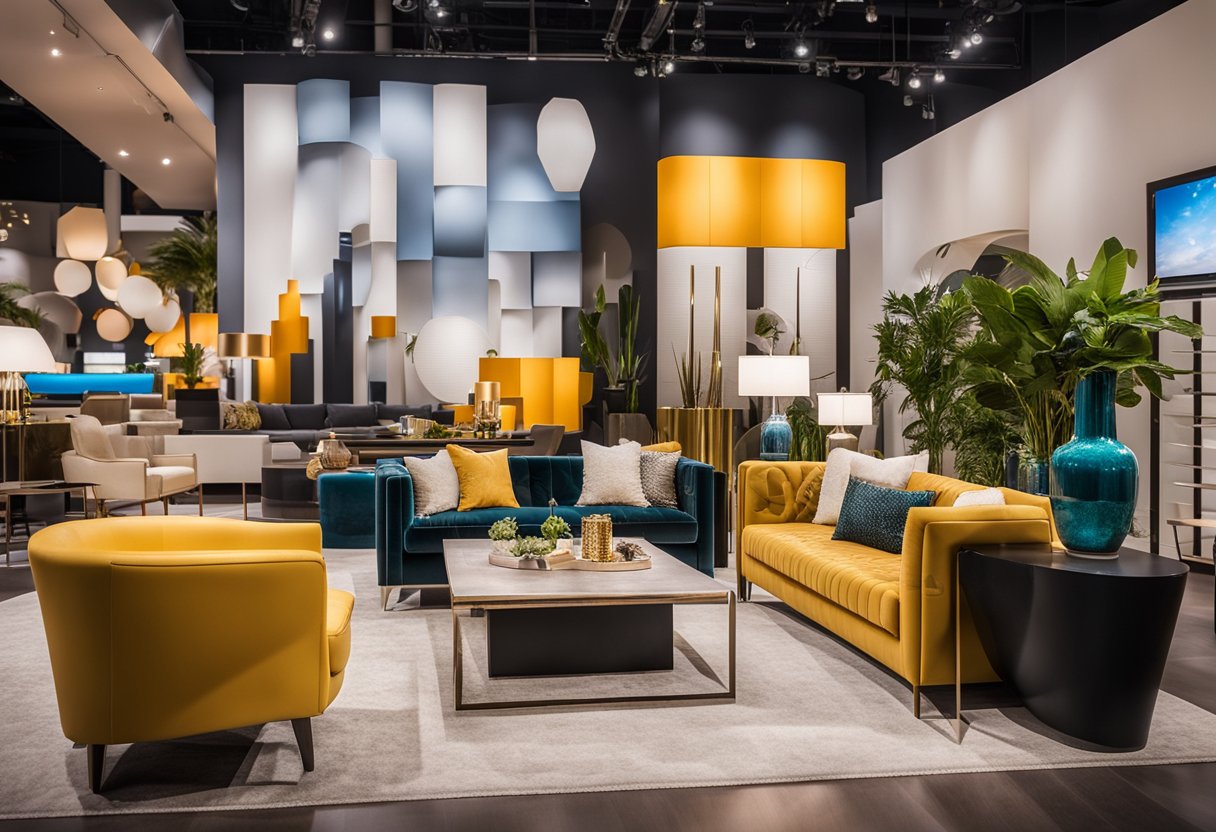 The Vegas interior design show features modern furniture, vibrant color schemes, and sleek lighting fixtures. The showroom is filled with stylish decor and innovative design concepts