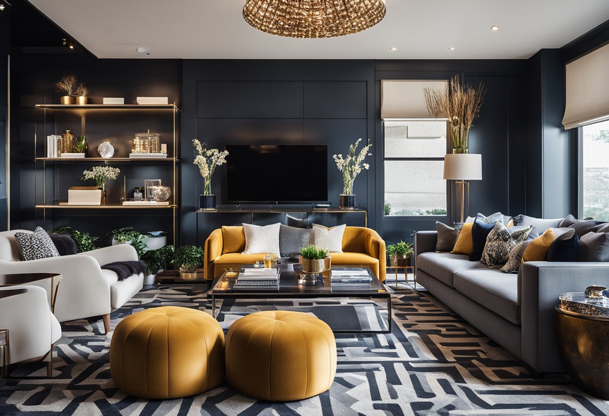 A modern living room with sleek furniture, bold patterns, and innovative lighting fixtures showcased in interior design magazine articles