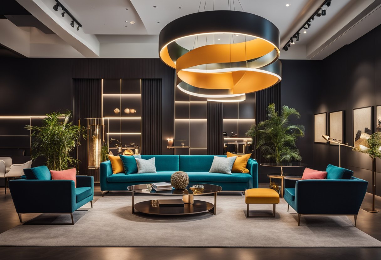 Vibrant colors and sleek furniture fill the expansive showroom. Unique lighting fixtures hang from the high ceilings, casting a warm glow over the modern designs