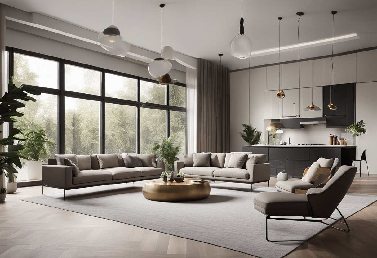 A spacious, modern living room with high ceilings, large windows, and minimalist furniture arranged in a symmetrical layout. The color scheme is neutral with pops of bold accent colors