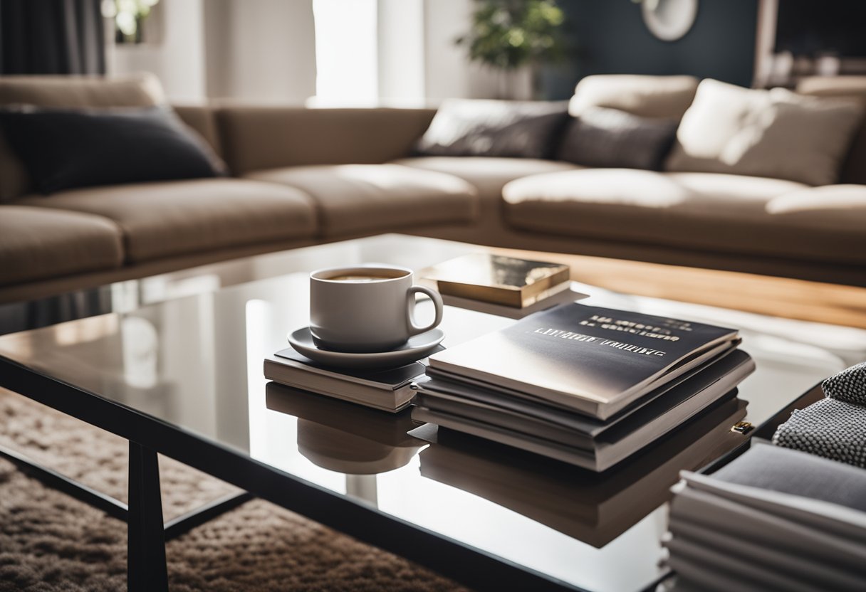 A stack of interior design magazines on a modern coffee table, surrounded by stylish furniture and decor. Light pours in from a large window, casting a warm glow on the scene