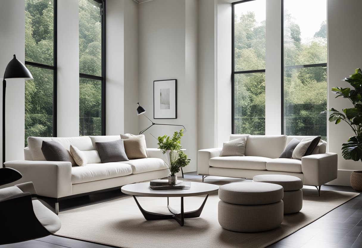 A modern, minimalist living room with white furniture, clean lines, and natural light streaming in through large windows