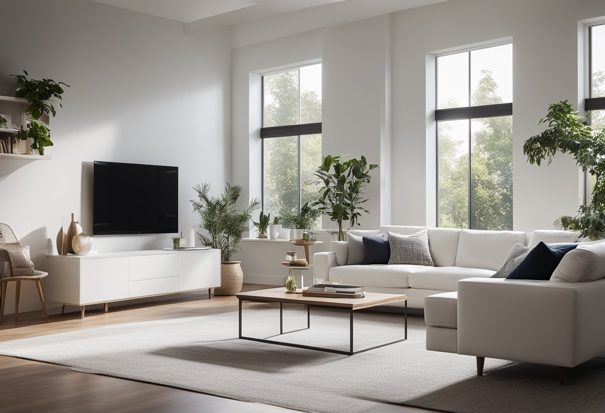 A spacious, minimalist living room with white furniture, clean lines, and natural light pouring in through large windows