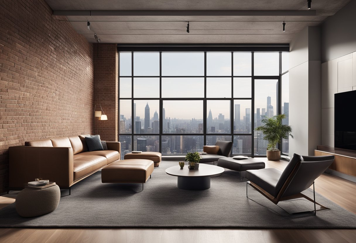 A sleek, minimalist living room with exposed brick walls, metal accents, and floor-to-ceiling windows overlooking a city skyline