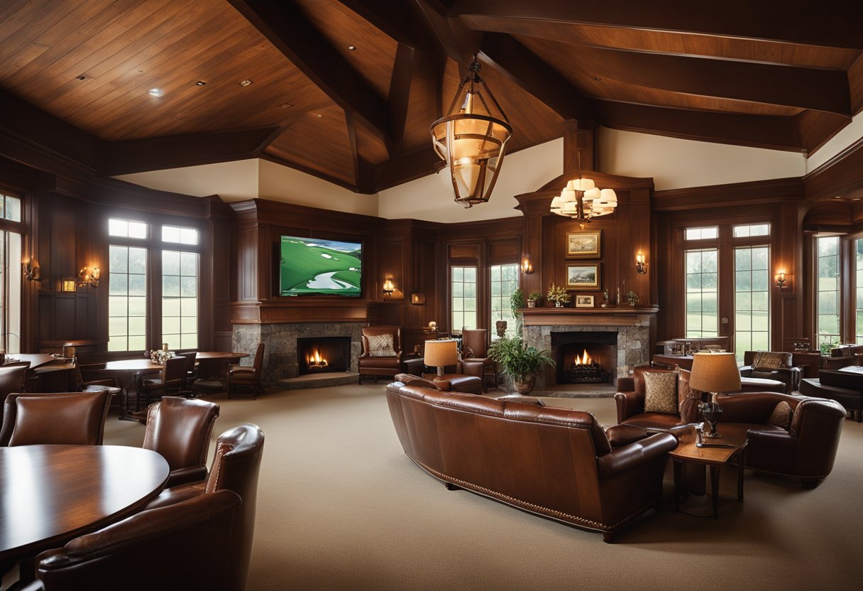 The golf clubhouse interior features rich wooden paneling, plush leather seating, and a cozy fireplace. The walls are adorned with vintage golf memorabilia, and large windows offer a view of the lush green course