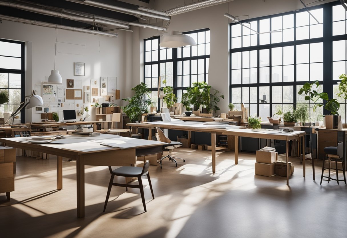 A spacious studio filled with drafting tables, mood boards, and design sketches. Natural light floods the room, highlighting the sleek, modern furniture and vibrant fabric swatches
