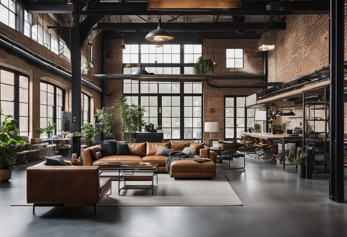 A spacious, open-plan living area with exposed brick walls, metal beams, and concrete floors. Industrial-style furniture, such as leather sofas and metal coffee tables, complements the raw, unfinished look