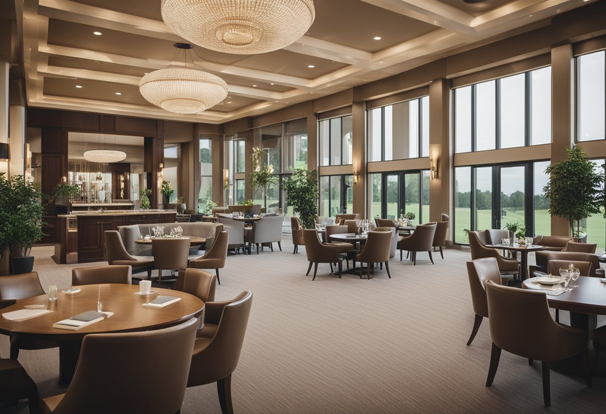 A spacious, well-lit golf clubhouse interior with modern furniture, elegant decor, and functional amenities for members and guests