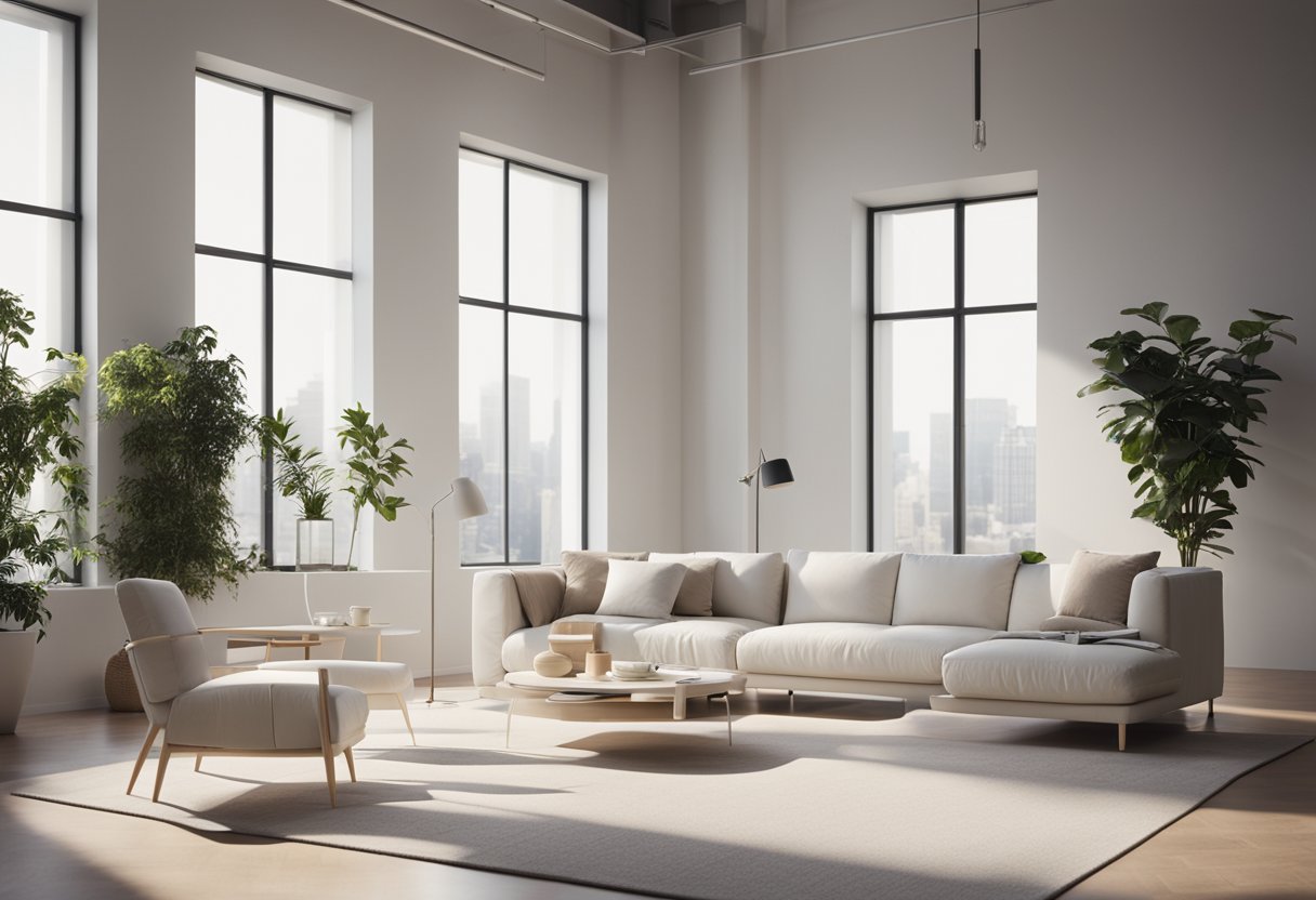 A room with white furniture, minimalistic decor, and natural light streaming in through large windows