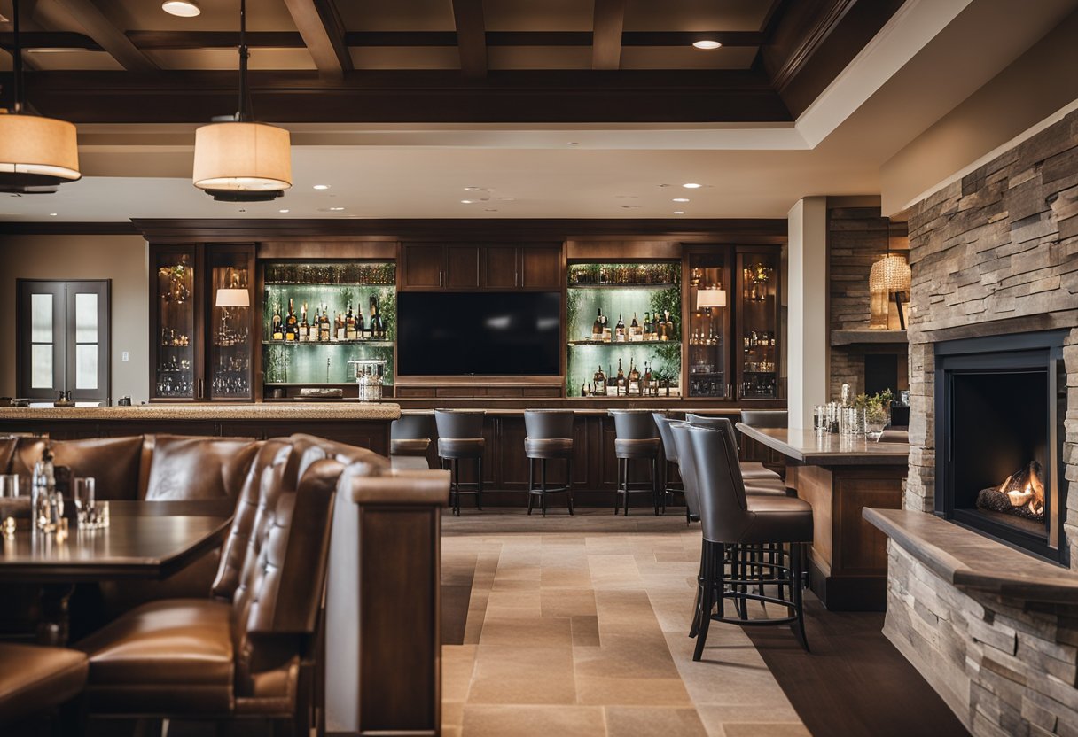 The exclusive membership golf clubhouse features luxurious furnishings, a cozy fireplace, and a well-stocked bar, creating a sophisticated and inviting atmosphere