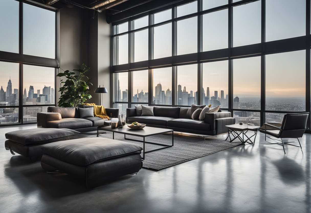 A spacious living room with concrete floors, metal fixtures, and large windows overlooking a city skyline. Industrial-style furniture and exposed pipes complete the modern aesthetic