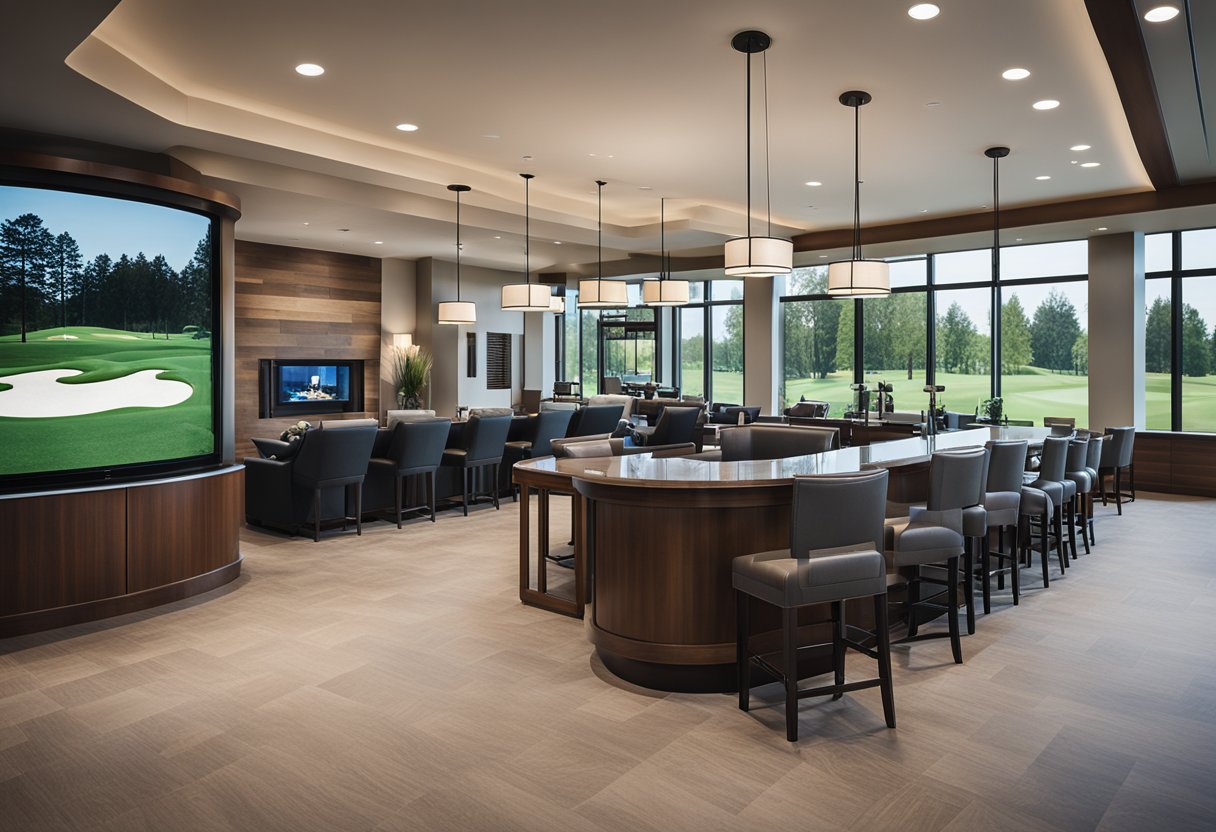 A modern golf clubhouse interior with sleek furniture, large windows, and a cozy fireplace. A central reception desk and a display of golf equipment add to the ambiance