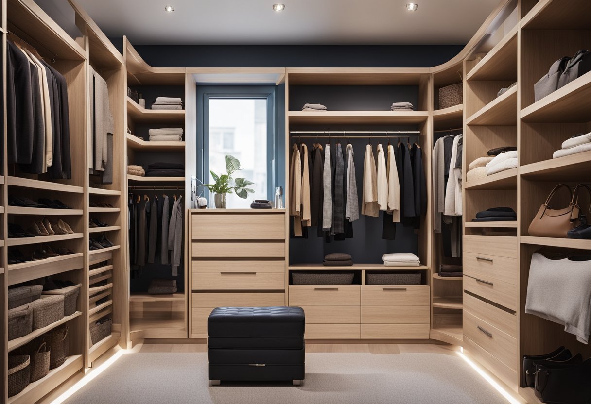 A spacious wardrobe with organized shelves, hanging rods, and drawers. The interior is well-lit with soft, warm lighting, showcasing various clothing and accessories neatly displayed