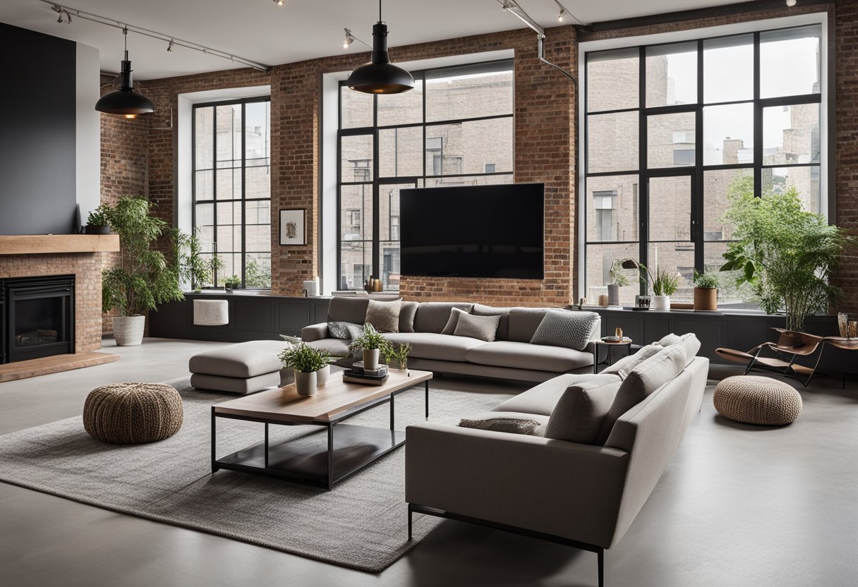 A sleek, minimalist living room with clean lines, industrial materials, and neutral colors. A large, open floor plan with exposed brick, metal accents, and modern furniture