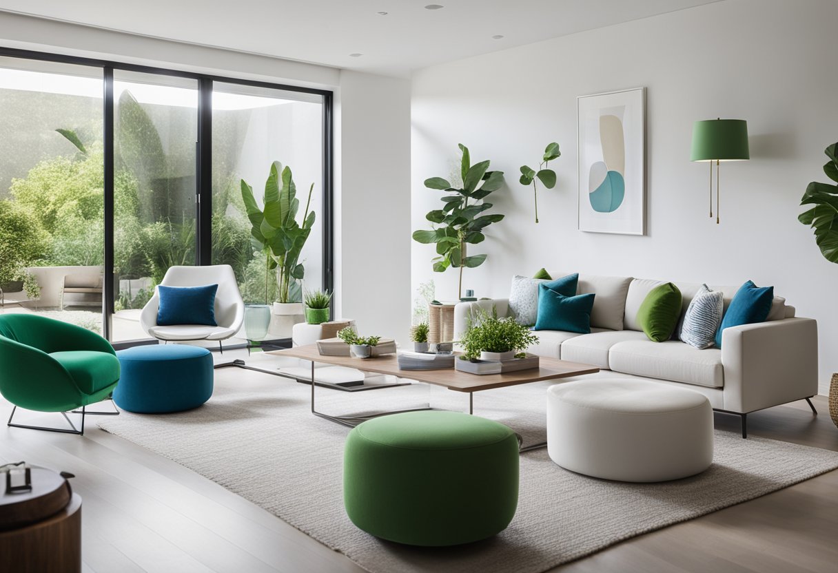 A bright, modern living room with clean lines, minimalist furniture, and pops of color. A sleek white color palette with accents of green and blue
