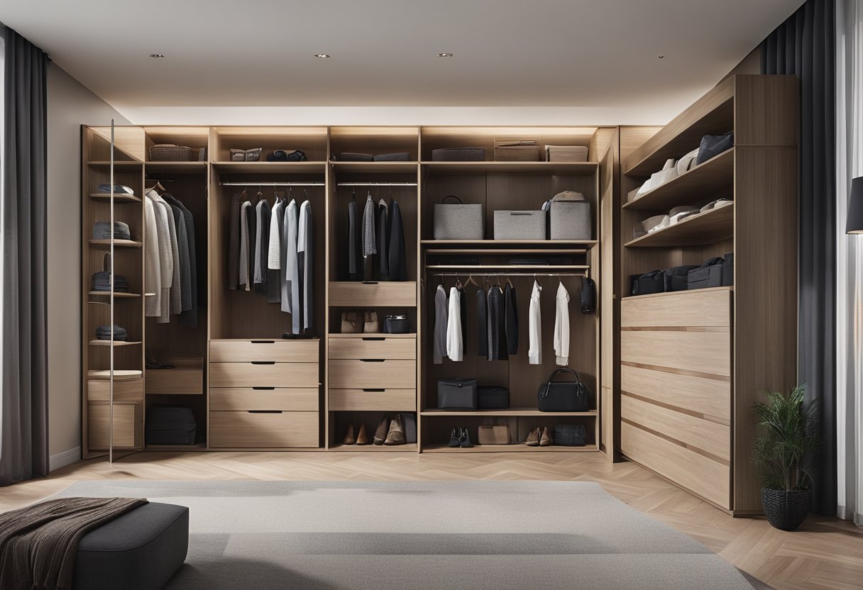 A modern wardrobe with sleek, minimalist design and high-quality materials, showcasing innovative storage solutions and functional organization