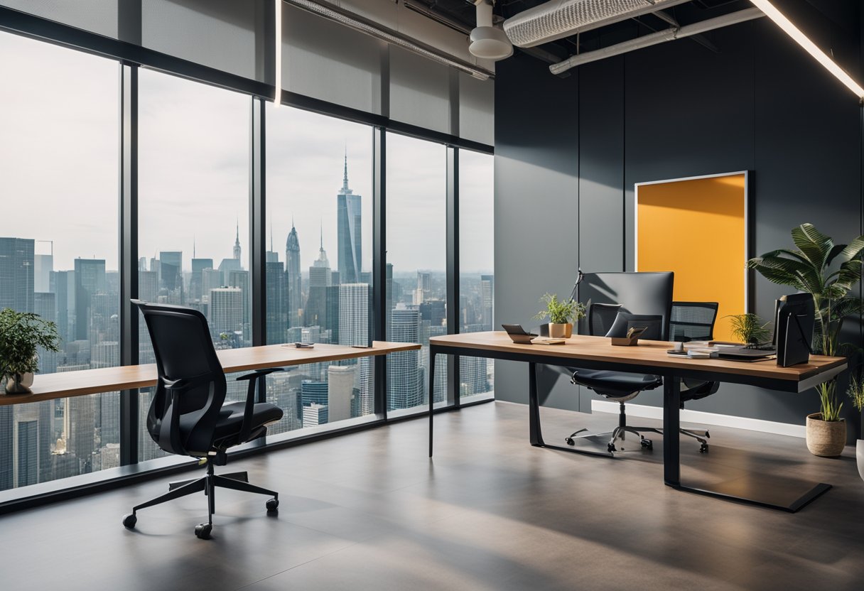 A modern, minimalist office space with sleek furniture, vibrant accent walls, and large windows overlooking a city skyline