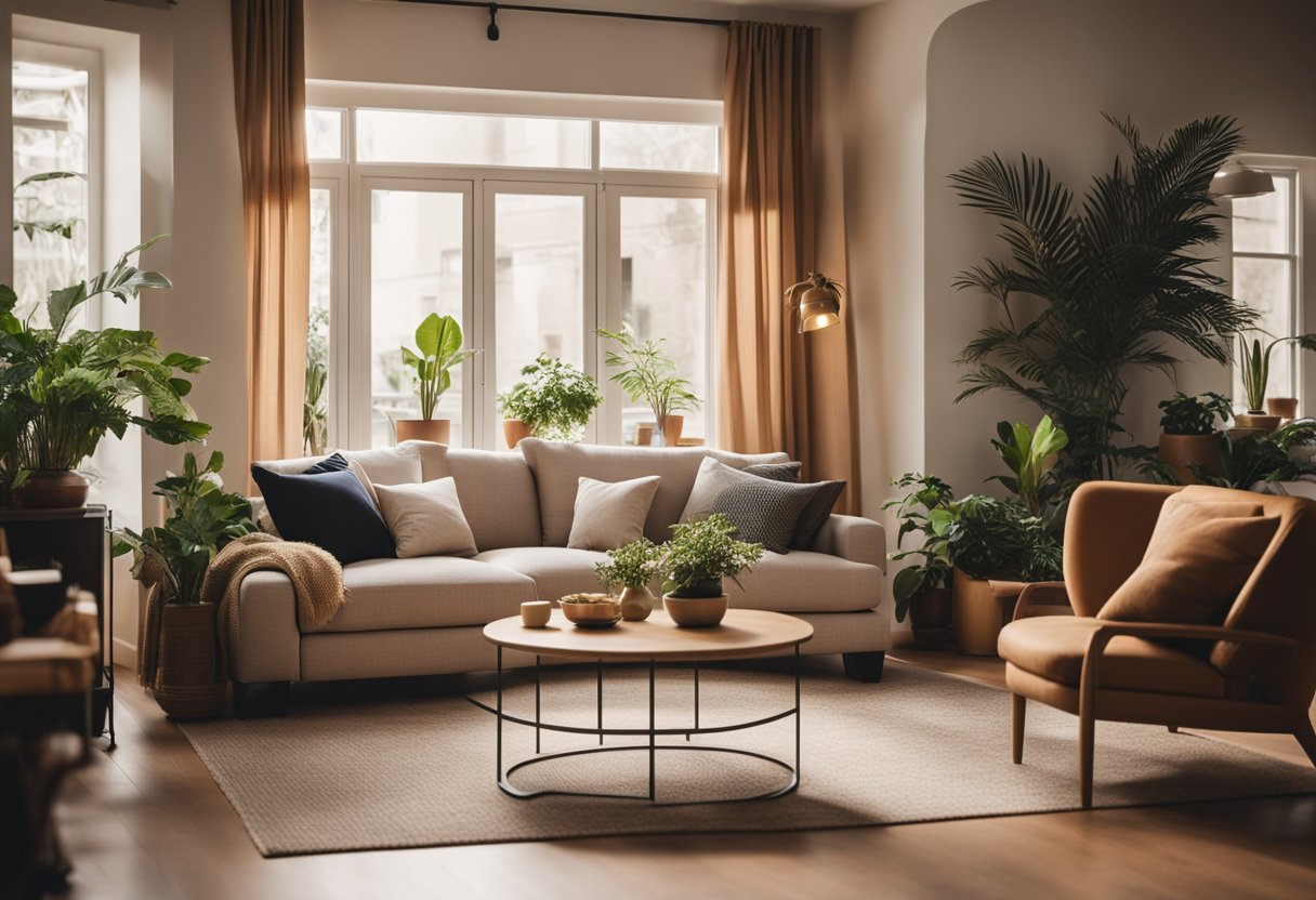 A cozy living room with a warm color scheme, plush furniture, and soft lighting. A large window lets in natural light, and potted plants add a touch of greenery to the space