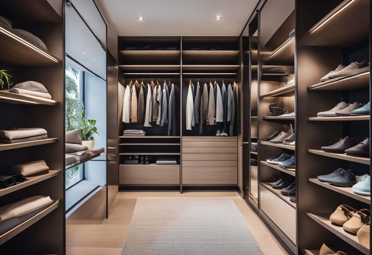 A neatly organized wardrobe with customized shelves and compartments for clothing and accessories. Bright lighting highlights the sleek and modern design