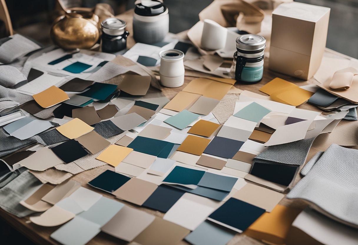 A table scattered with fabric swatches, paint samples, and bargain decor items. A mood board featuring cutouts of magazine clippings and color swatches