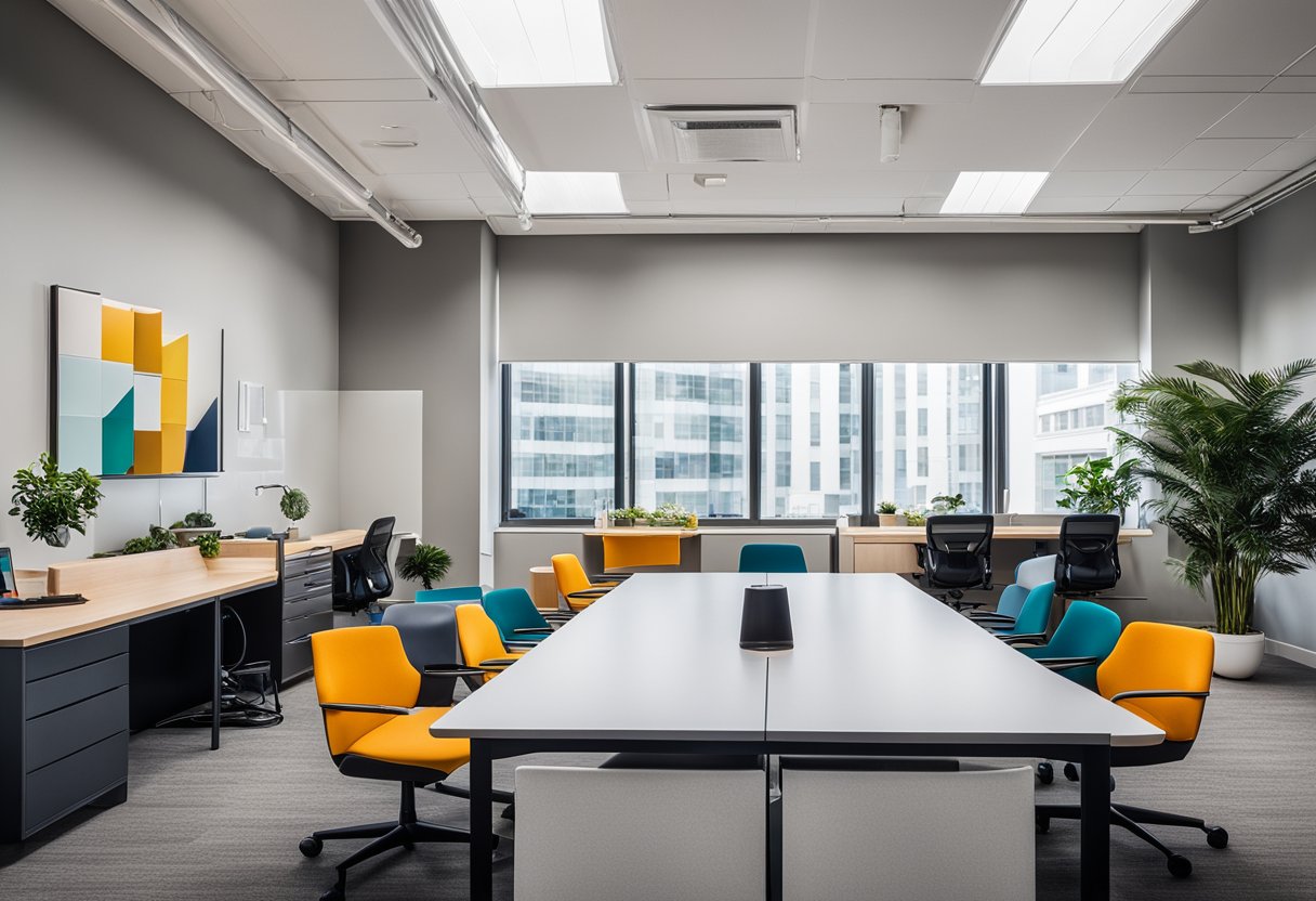 A modern, sleek office space with minimalist furniture and vibrant pops of color. Clean lines and open spaces create an inviting and professional atmosphere