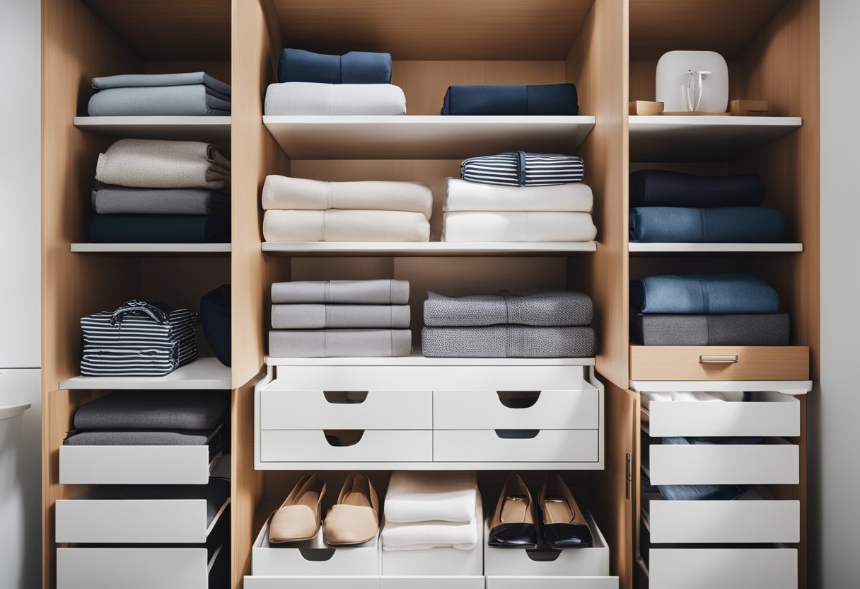 A neatly organized wardrobe with labeled compartments and shelves displaying various interior designs