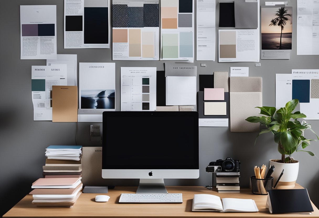 An organized desk with a laptop, notebook, and pen. A stack of design magazines and a mood board on the wall. A shelf displaying color swatches and fabric samples