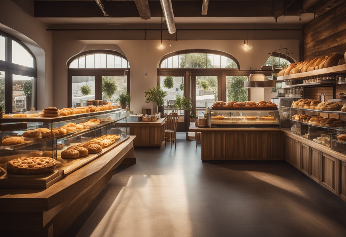 The bakery interior is warm and inviting, with a display of freshly baked goods, rustic wooden tables, and a cozy seating area. Sunlight streams in through large windows, casting a soft glow over the space