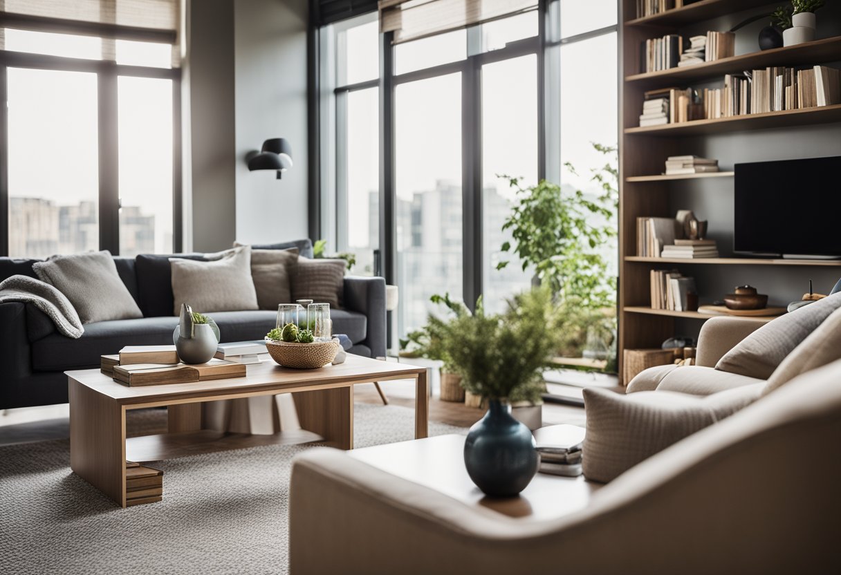 A cozy living room with a comfortable sofa, soft lighting, and a stylish coffee table. A bookshelf filled with design books and a large window letting in natural light