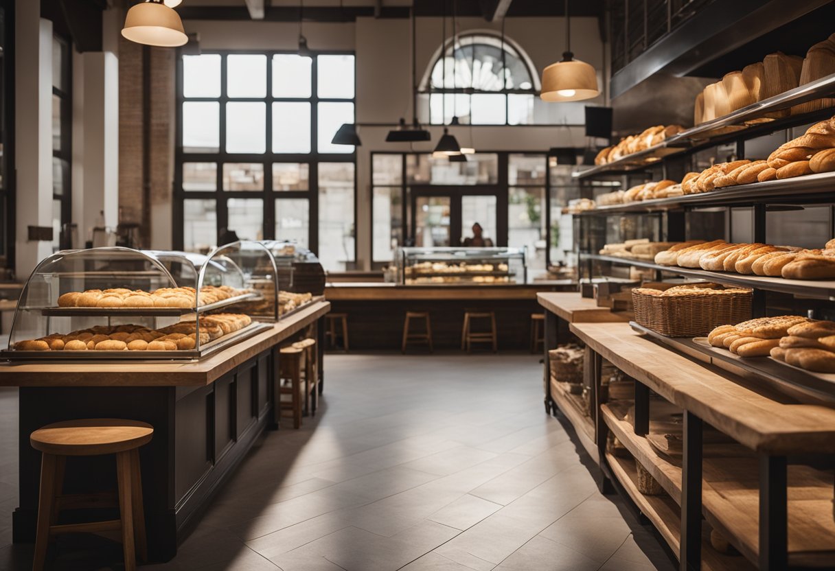 A spacious bakery with a cozy, rustic interior. Large windows flood the space with natural light. Wooden tables and chairs are arranged for customer seating. The open kitchen showcases the bakers at work