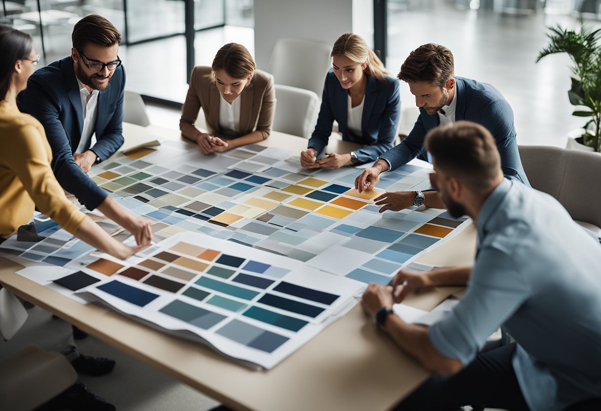 A group of designers discussing layouts and color schemes in a modern office setting, with samples of fabrics and materials spread out on a large table
