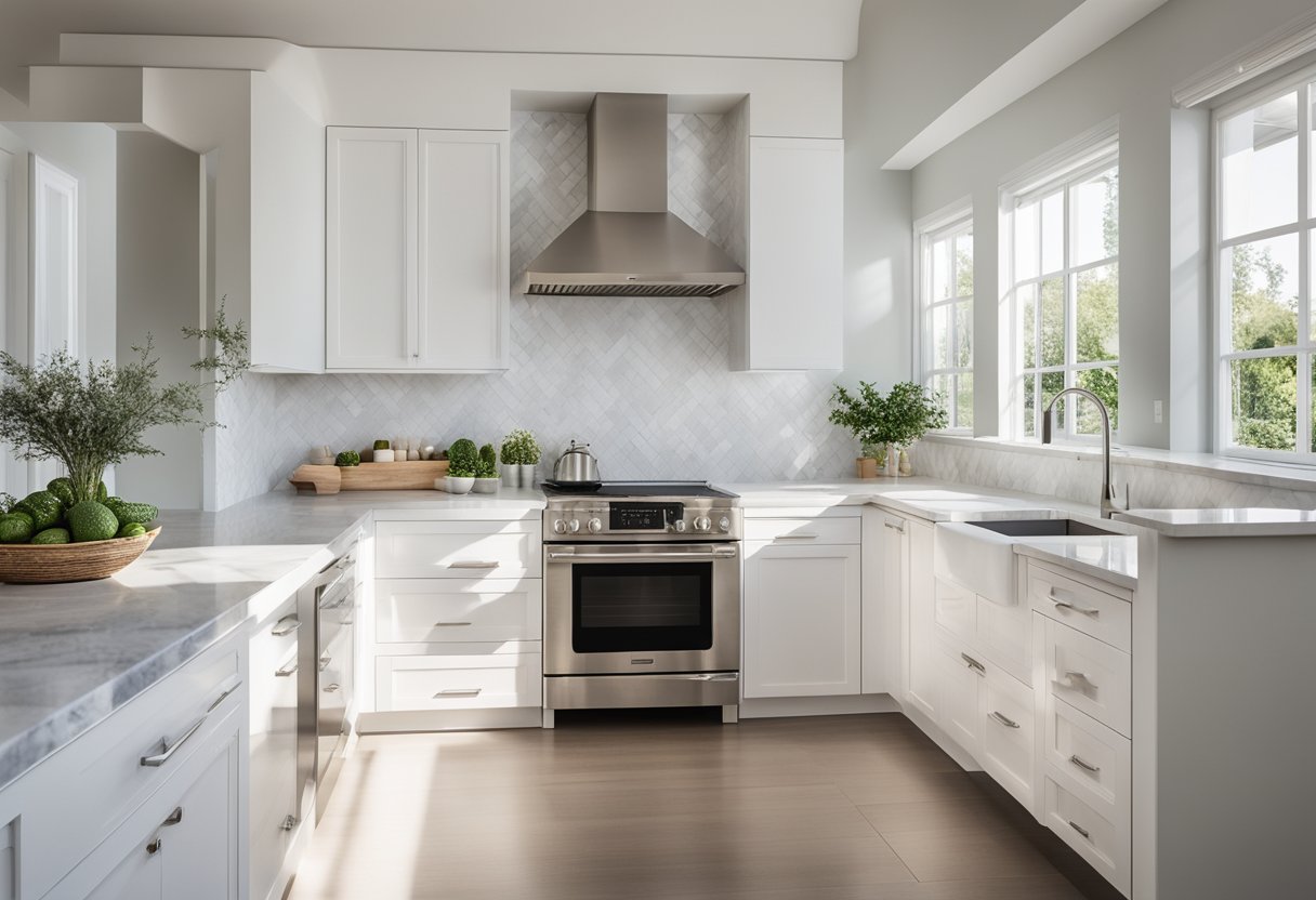 A bright, open white kitchen with sleek cabinets, marble countertops, and stainless steel appliances. Sunlight streams in through large windows, highlighting the clean, modern design