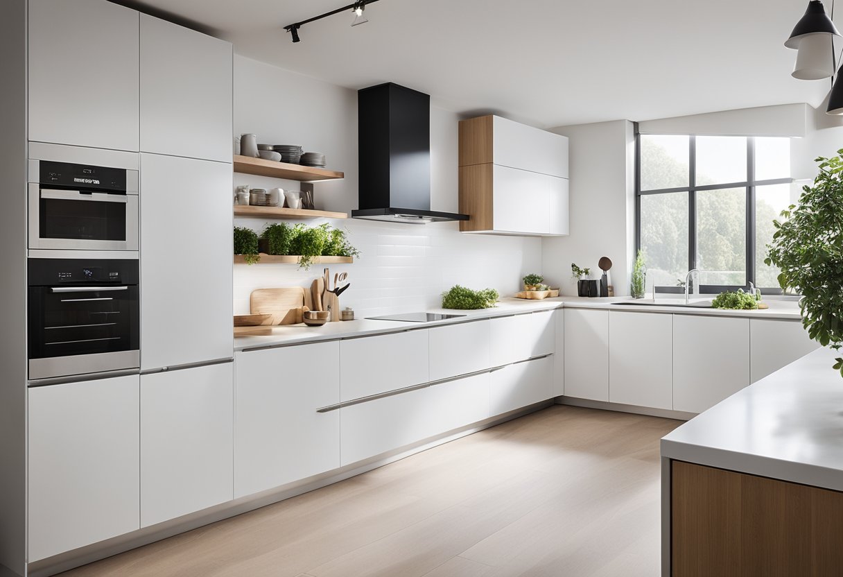 A sleek, modern white kitchen with clean lines, integrated appliances, and ample storage. The space is flooded with natural light, creating a bright and airy atmosphere