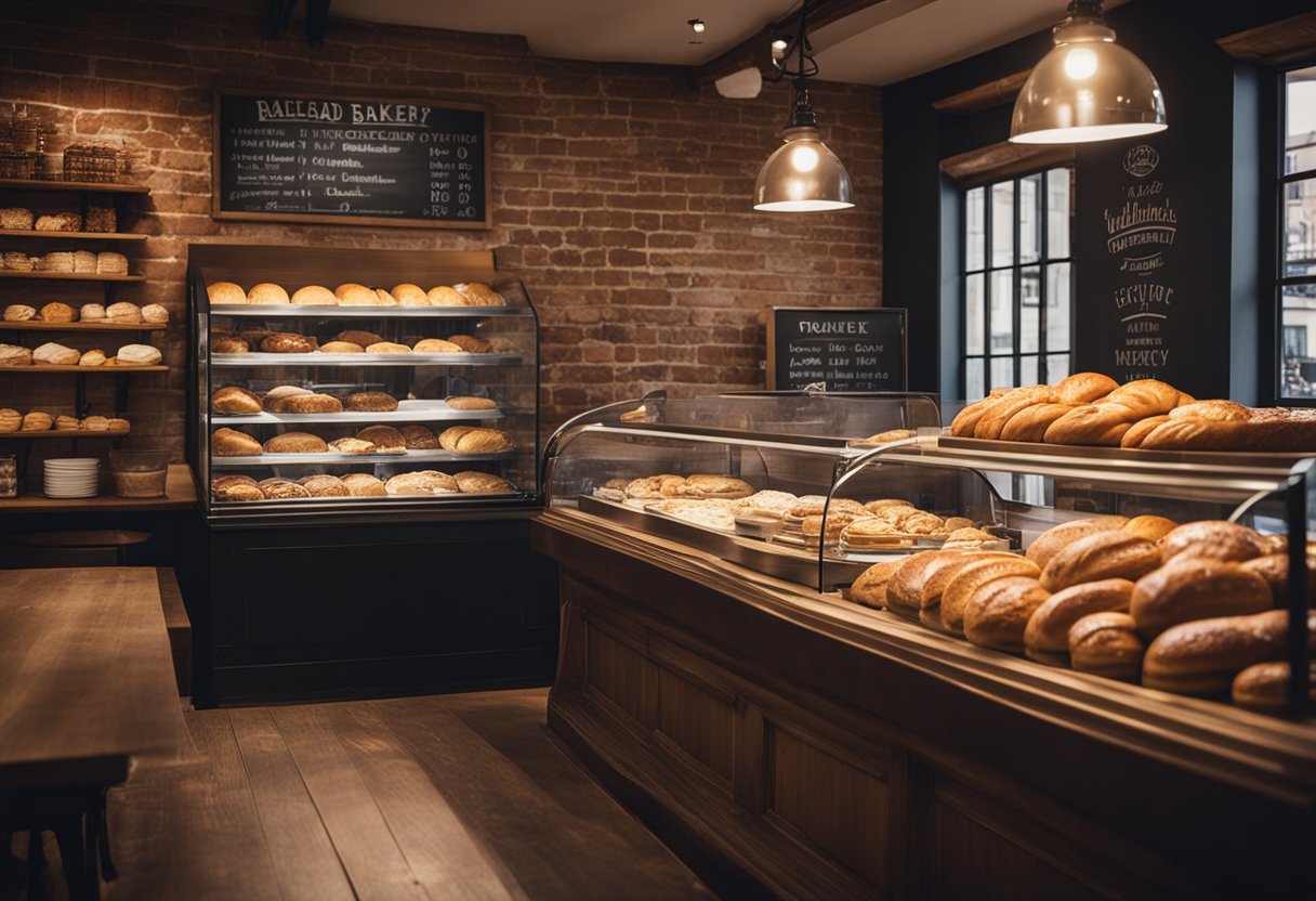 A cozy bakery with rustic wooden tables, exposed brick walls, and warm lighting. Display shelves filled with artisan bread and pastries. A chalkboard menu and vintage-inspired signage add to the charming aesthetic