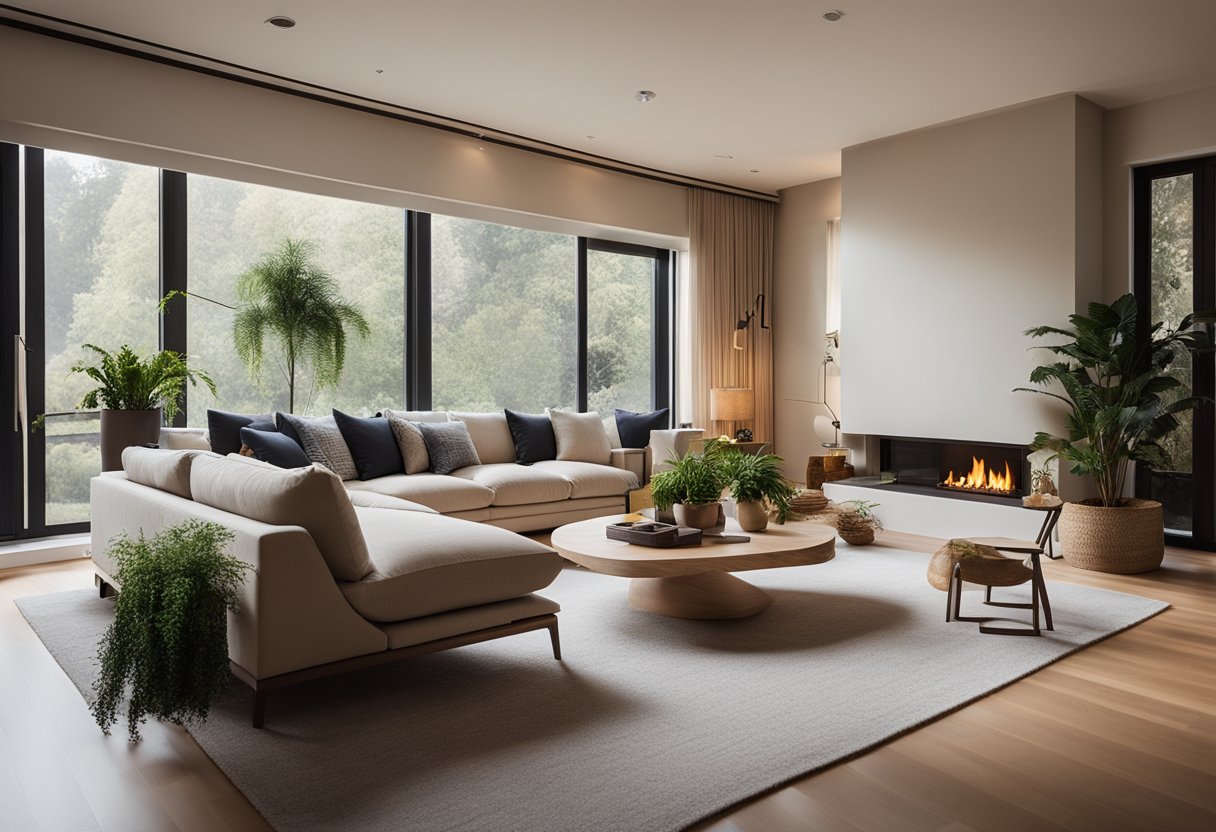 A cozy living room with warm lighting, plush furniture, and a fireplace. A large window lets in natural light, and there are plants and art on the walls
