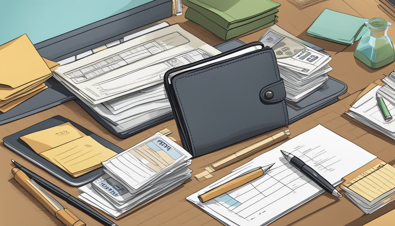 A person's empty wallet with a rejected loan application and a stack of unpaid bills on a cluttered desk