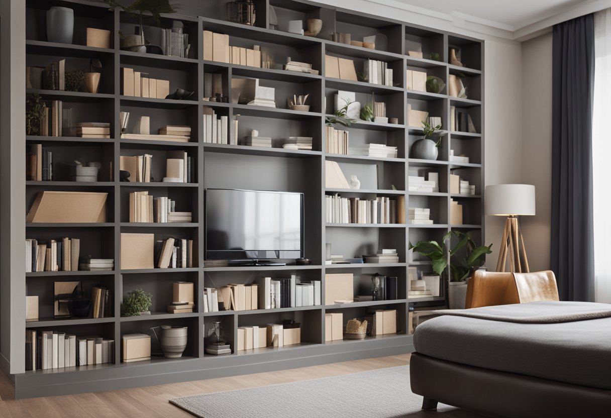 A room with balanced furniture, neutral colors, and natural lighting. A bookshelf with neatly organized books and decor. Symmetrical layout and minimal clutter