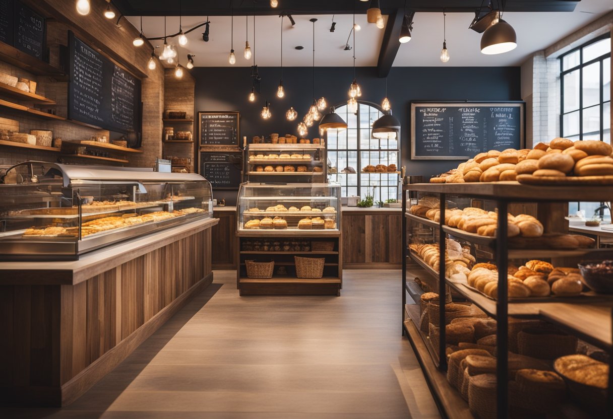 A warm bakery interior with rustic wooden shelves, hanging pendant lights, and a cozy seating area. Display cases showcase freshly baked goods, while a chalkboard menu lists popular items